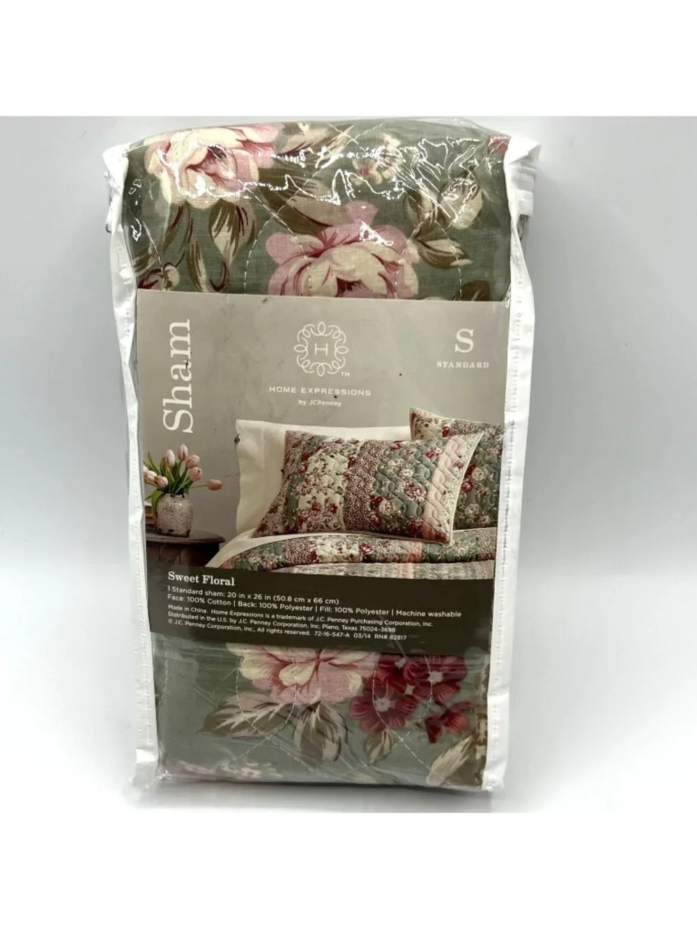 JCPenney Pillow Sham Sweet Floral Green Pink Cottage Standard Quilted
